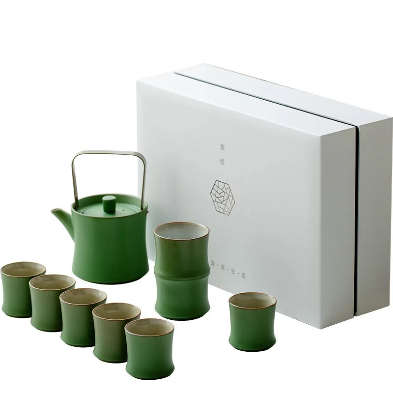 Teaware Set Bamboo Green Glaze Six Cups One Pot Household Ceramic Teapot Gift Box Set