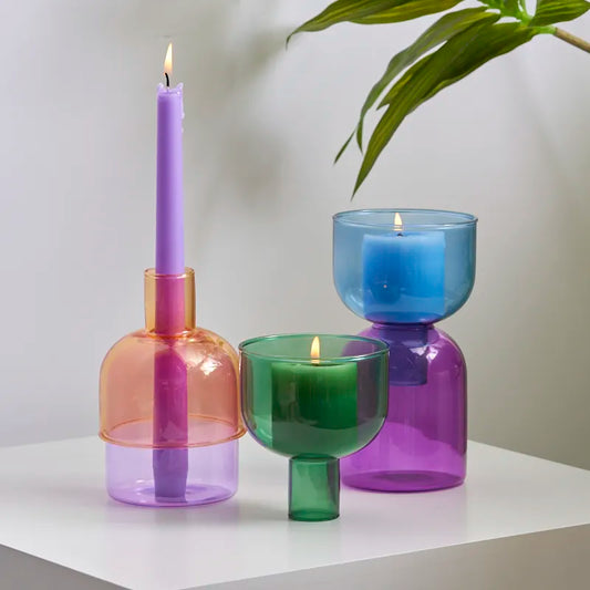 Candle Holder for Pillar Candles Stand Home Decor Colorful Glass Flower Vase Decorative Bottle Jar Storage Bowl Plant Container