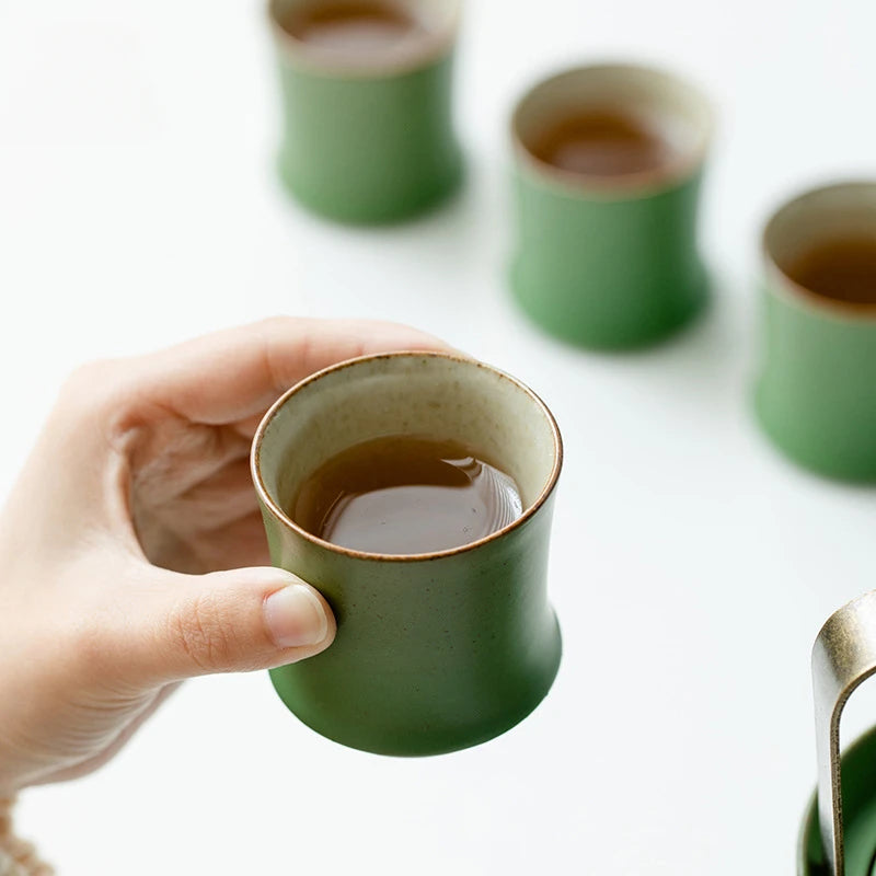 Teaware Set Bamboo Green Glaze Six Cups One Pot Household Ceramic Teapot Gift Box Set