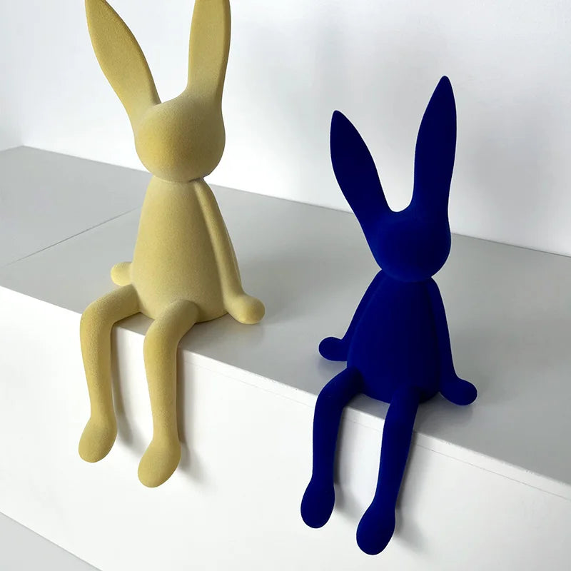 Flocking Rabbit Statue Home Decoration Modern Nordic Cute Animal Resin Art Sculpture Crafts Desktop Office Room Ornament